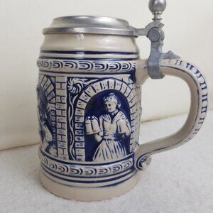 Beer Stein Pewter Lid Vtg Gerz West Germany Blue And Beige tavern scene